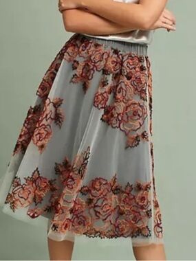 Anthropologie chiffon Embroidered Floral Mesh Skirt